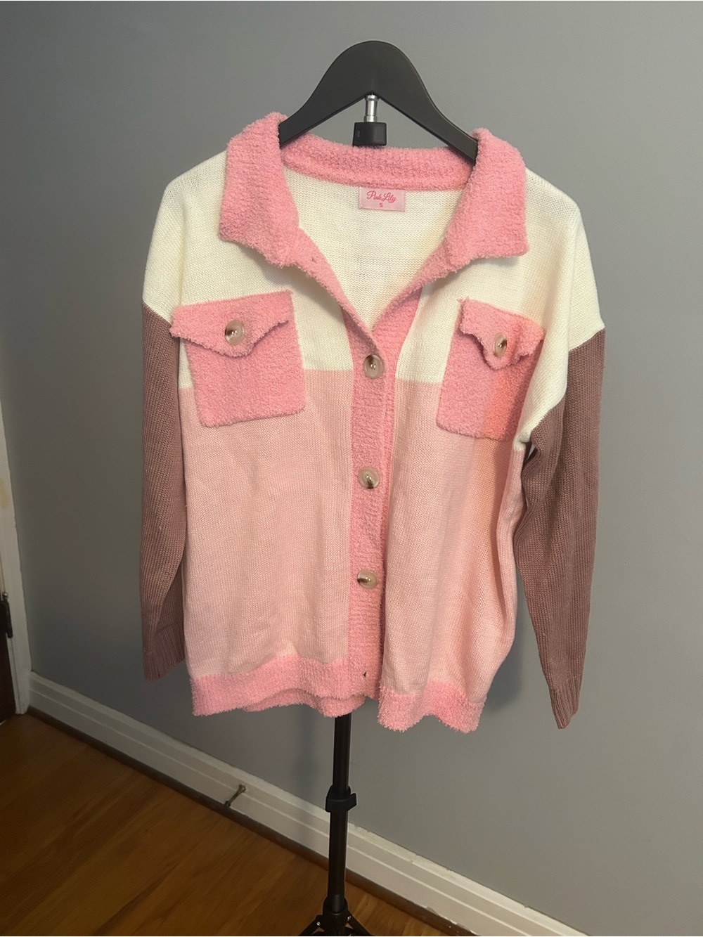 Pink Colorblock Button-Up Sweater Jacket